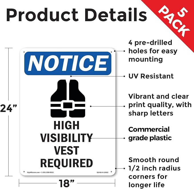 High Visibility Vest OSHA Notice Rigid Plastic Sign 24 Inch x 18 Inch - 5 Pack