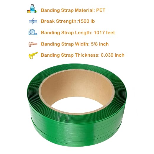 PET Packaging Banding Strapping Roll - 1017' x 5/8" Pallet Strap Coil | 1500 lb Strong Break Strength, Heavy Duty Plastic Strapping with 100 Buckles and Self Dispensing Box Kit