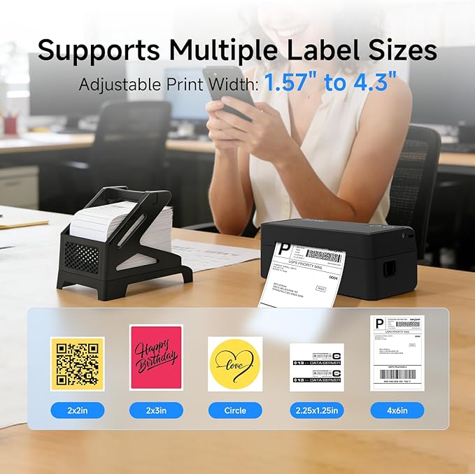 Bluetooth Thermal Label Printer with Stand, Wireless 4x6 Shipping Label Printer for Small Business, Inkless Print for USPS Amazon Etsy Shopify, Support iPhone Android Windows Mac (Black)