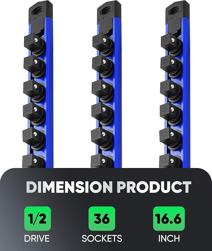 ALOANES Magnetic Socket Organizer Set, 3-Piece Heavy Duty Aluminum Socket Rails, 360° Swivel Clips Socket Rail Kit for Tool Tray Drawer Fit 1/2-Inch x 36 Clips (Blue, 3PC)