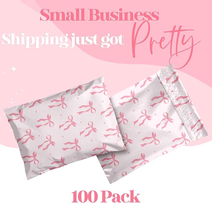 Pretty Package Store Poly Mailer 14.5x19, Pink Bows Coquette, 100 Pack | Heavy Duty, Waterproof, Self Seal, Tear Resistant, Shipping Bags for Small Business Packaging, Bulk Mailing Envelopes
