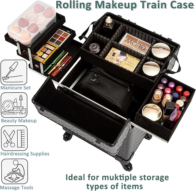 AROUS Rolling Makeup Train Case, Large Storage Cosmetic Trolley with 4 Aluminum Trays, 360 Swivel Wheels, Keys, Traveling Cart Trunk for Nail Technicians Hairstylist, Black