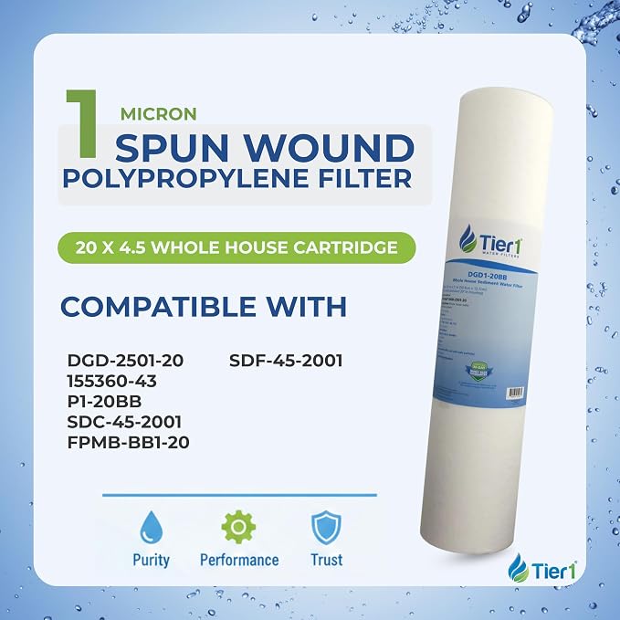 Tier1 1 Micron 20x4.5 Water Filter | Spun Wound Polypropylene Whole House Cartridge | Replacement for Pentek DGD-2501-20, 155360-43, P1-20BB | Sediment & Rust Filtration | 4.5 x 20 Water Filter (3pk)