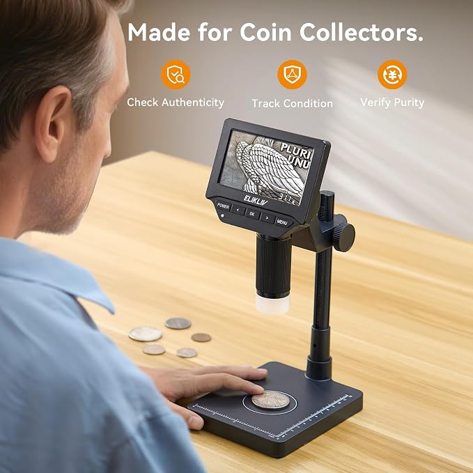 Elikliv EDM4C Coin Microscope with Scale：4.3" Digital Microscope with Adjustable LED+Elikliv Coin Microscope, 4.3'' LCD Digital Microscope 1000x