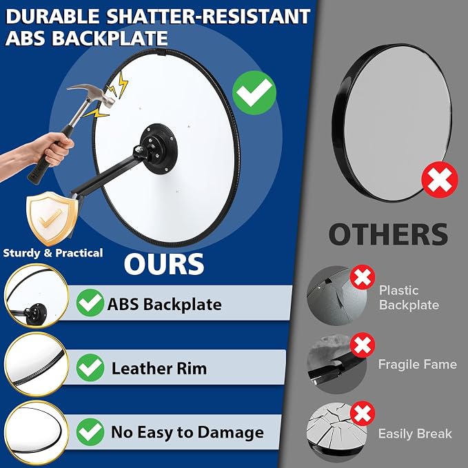 New Upgraded 22" HD Convex Mirror - 160° Adjustable Wide Angle View, Leather Frame & ABS Back, Traffic Mirror for Indoor/Outdoor Use in Garage, Warehouse, Driveway, Store & Office Security