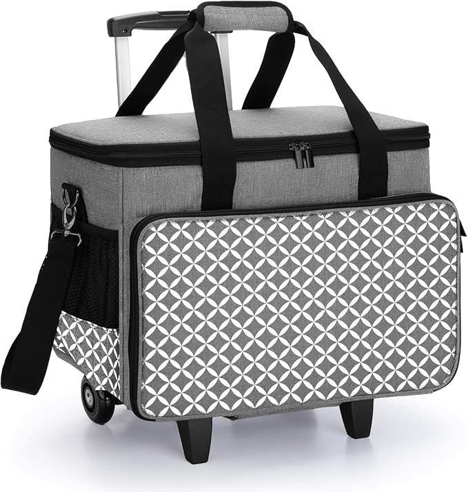 Yarwo Upgraded Rolling Sewing Machine Carrying Case, Detachable Trolley Tote Bag with Removable Bottom Board and Thickened Trailer Leg for Most Standard Sewing Machine and Accessories, Gray with Grid
