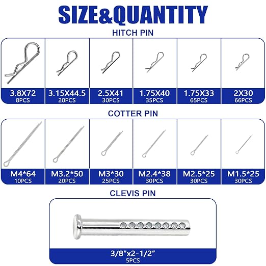 420 PCS Heavy Duty Pin Assortment Kit, Hitch Pins R Clip PIns/ Hair Pins/ Lynch Pins/ PTO Pins/ Cotter Pins/ Clevis Pins for Trucks Trailers Tractors Mowers 3 Point Accessories, Farm, Lawn and Garden