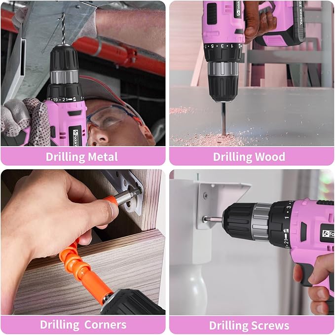 FADAKWALT Cordless Drill Set, 20V Electric Power Drill With Battery And Charger, 30N Torque, 21+1 Settings, 3/8-Inch Keyless Chuck, Driver Bits Kit, LED Light (Pink）