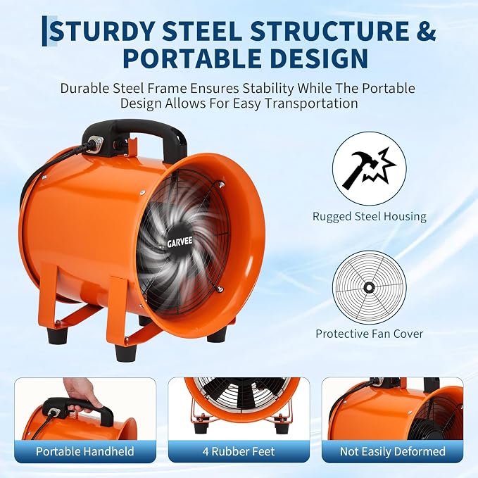 8 Inch Utility Blower Exhaust Fan, Portable Industrial Exhaust Fan with 32.8 ft Flexible Duct Hose, 1100 CFM Low-Noise Air Mover Blower Fan/Extractor/Ventilator for Basements, Workshops, Warehouses