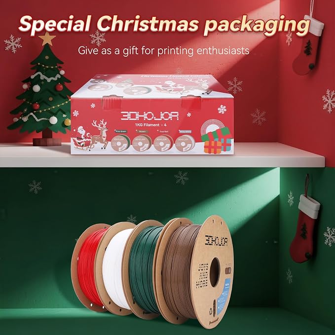 3DHoJor PLA+ Filament 1.75mm 3D Printer Filament + 1kg*4 Christmas Special Bundle Cardboard Spool Dimensional Accuracy +/- 0.03 mm - (True red/Milky White/Brown/Pine Green)