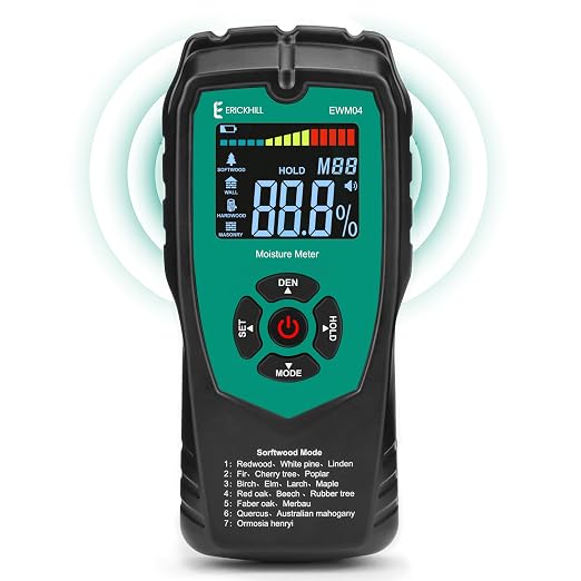 ERICKHILL Pinless Moisture Meter for Walls and Wood, Non-Destructive Dampness Tester for Drywall, Masonry and Building Materials, 3-Color Indicator, Audible Alarm, Detects up to 2 Inches Deep