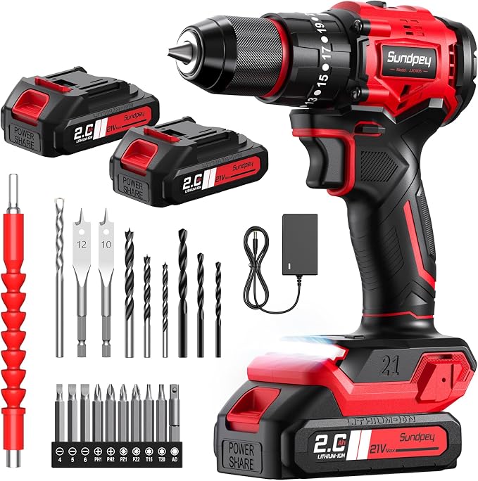 Sundpey Cordless Power Drill Set - 620in-lbs 23+3 Brushless Electric Drill w/ 2 × 2.0Ah Battery & LED Light & 3/8" Metal Chuck & Fast Charger - Electric Screwdriver for Home DIY Woodworking Men Women