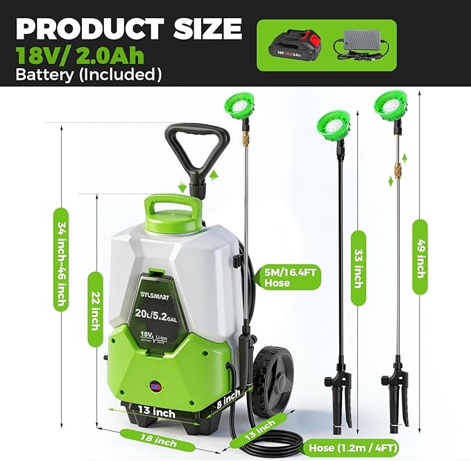 5.2 Gallon Battery Powered Backpack Sprayer with Wheeled Cart, 0-120 PSI Adjustable Pressure, 16.4FT Hose, 8 Nozzles, Compatible with Makita 18V Battery for Lawn Garden Yard Weeding Cleaning