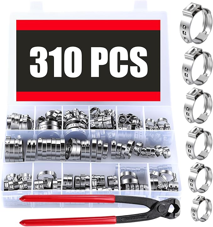 310pcs 16 Sizes Single Ear Hose Clamps, 5.3-36.1mm 304 Stainless Steel Crimp Hose Clamps,Cinch Rings Assortment Kit for Automotive, Pipe, Plumbing, Home Appliance Line with Ear Clamp pincer