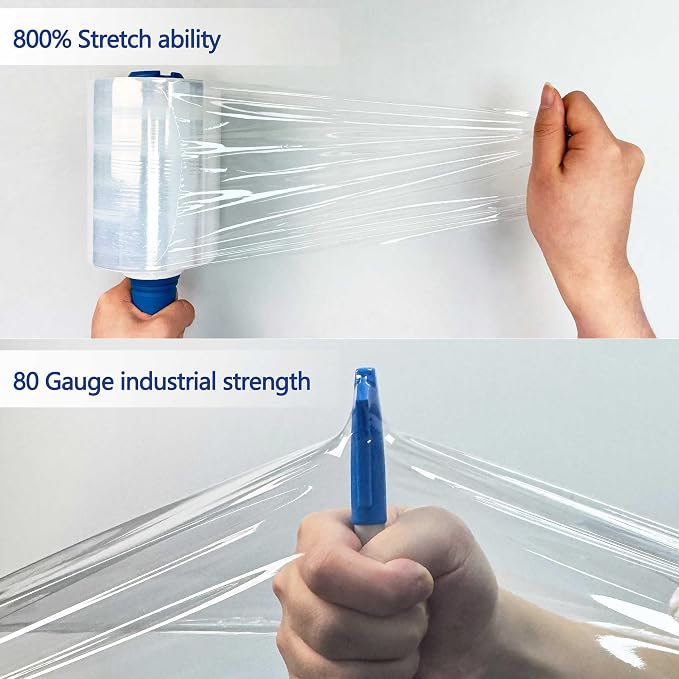 8Pack 5in x1000Ft 80Gauge Mini Stretch Wrap Heavy Duty 800%Stretch 2Handles | stretch wrap Film-800% stretch secures pallets,furniture & fragile items firmly,perfect for moving,storage,warehouse,shipping