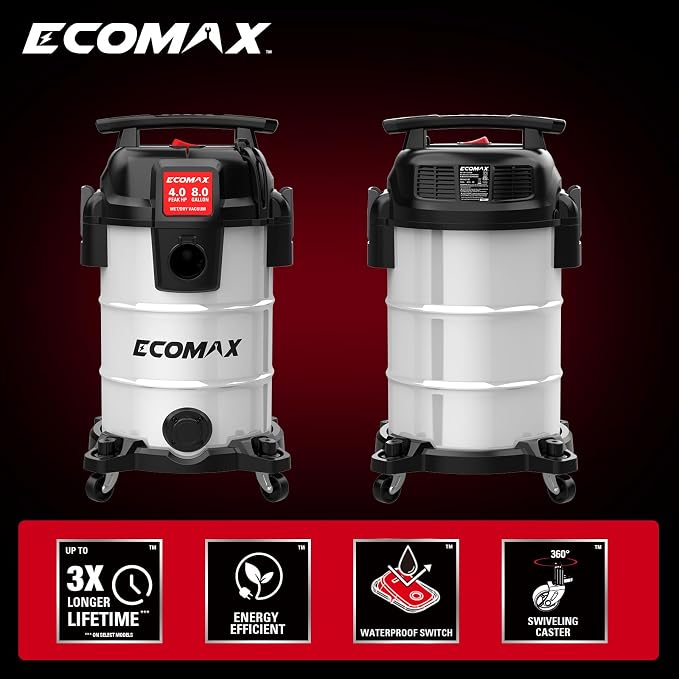 ECOMAX 8 Gallon Ultra Quiet Stainless Steel Shop Vacuum Wet and Dry | 4 Peak HP, 80% Quieter Operation, Durable Long Life Motor, Portable Vacuum for Garage, Workshop, Jobsite, Complete Accessory