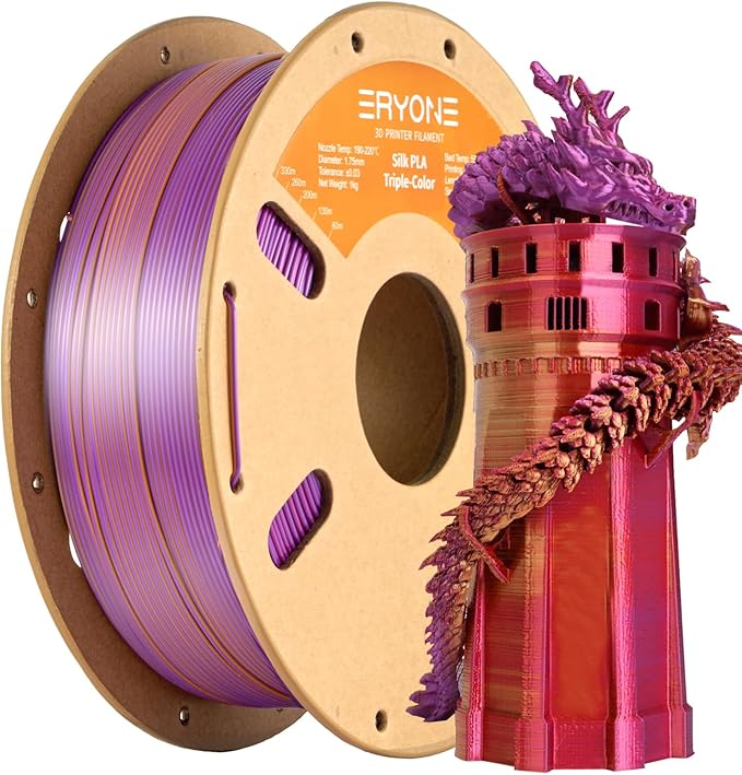 ERYONE Silk Tri Color PLA Filament 3D Printer 1.75mm +/- 0.03mm, Multicolor Filament Tricolor PLA 1KG(2.2lbs) Cardboard Spool, Red Gold Purple