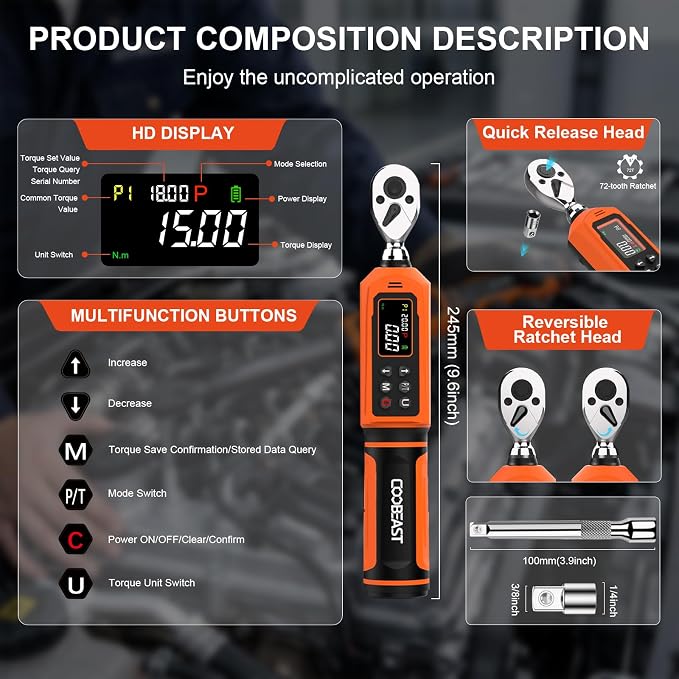 coobeast Digital Torque Wrench 1/4 Drive, 0.33-22.1 Ft.lbs./0.45-30Nm Range, Electronic Torque Screwdriver with Dual Direction Ratchet, Buzzer and LED Alert for Bicycle, Bike, DIY and Home Repair