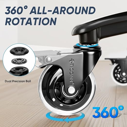 TICONN Office Chair Caster Wheels Set of 5 for Tile, Hardwood Floors and Carpets, Universal Fit for Most Chairs (Transparent with Brake)