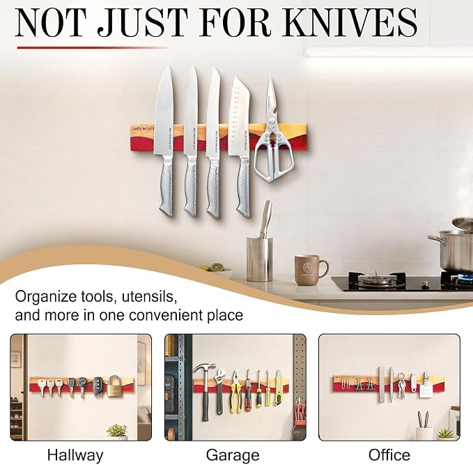 MEN WITH THE POT Magnetic Knife Strips, 16 Inch Magnetic Knife Holder for Fridge Wall, Acacia Wood & Red Resin Knife Magnetic Strip Use as Knife Bar, Knife Holder for Kitchen Utensil Organizer