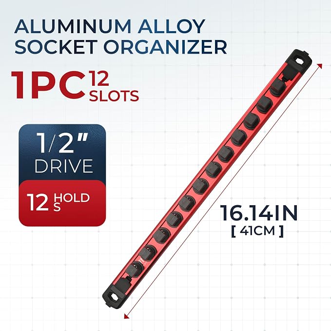 Reniteco Magnetic Socket Organizer, 1/2" Drive Aluminum Alloy Socket Rail, Heavy Duty Magnetic Socket Holder with 12PC 360° Swivel Removable Clips, Magnetic Socket Rack for Tool Box Drawer, Red
