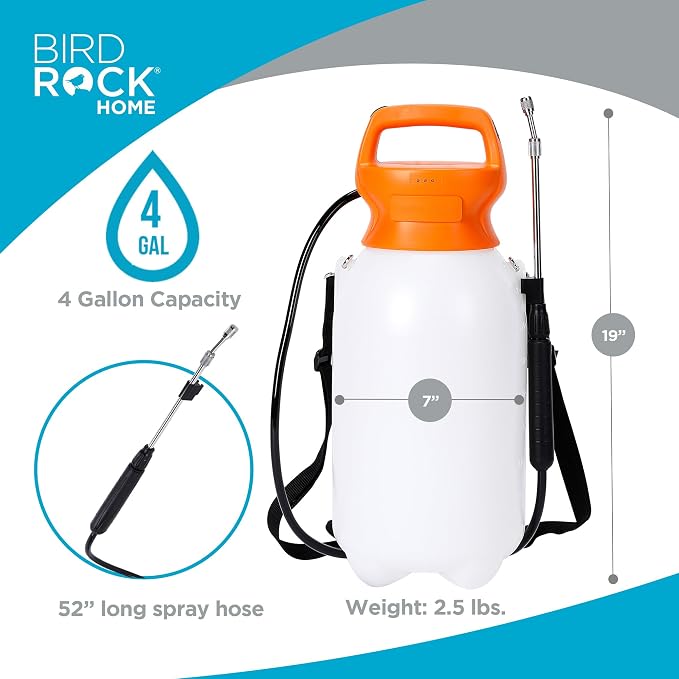 BIRDROCK HOME Garden Sprayer with Battery Powered Pump - Stainless Steel Wand, Rechargeable, Adjustable Spray, & Portable for Lawn, Garden, Plants, and Cleaning - White Translucent Body - 4-Gallon