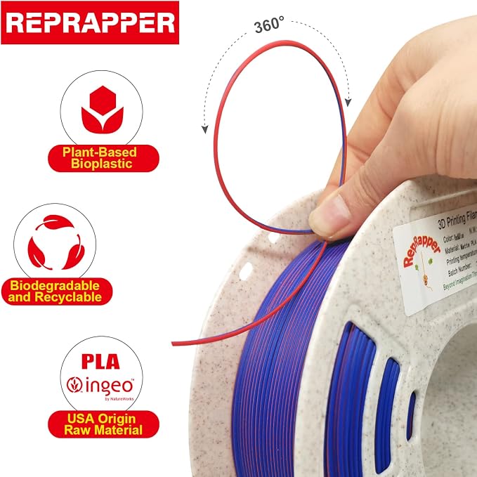 Reprapper Dual Color Filament Fillamentum pla 1.75 Multicolor 1.75mm for 3D Printer, Color Change Filament PLA, 2.2lbs (1kg), Matte PLA Red & Blue