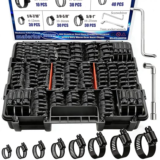 202PCS Stainless Steel Hose Clamps Assortment Kit,Metal Adjustable 1/4"-2"(6-51mm) Worm Gear Hose Clamp Heavy Duty Small Hose Clamps for Automotive,Radiator Pipe,Plumbing,Fuel Line