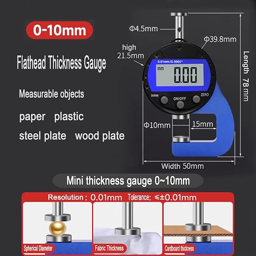 Digital Thickness Gauge Thickness Measuring Indicator Thickness Gauge | Measuring Range 0-10mm0.0005''/0.01 mm with LCD Display, for Leather, Paper, Sheet Metal and More (PT)