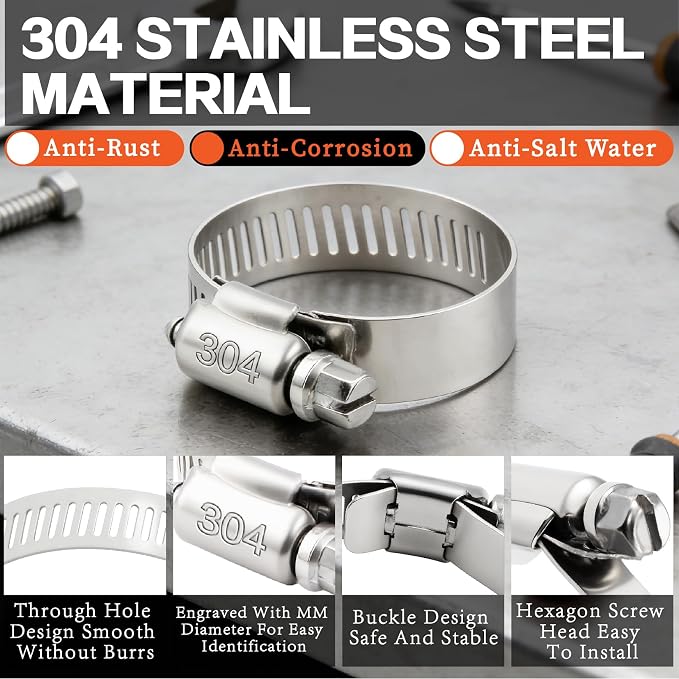 210Pcs Stainless Steel Hose Clamps Assortment Kit 1/4"to 2"(6-51mm) Adjustable Worm Gear Hose Clamps, Small Heavy Duty Hose Clamps for Automotive/Garden/Water Pipe/Sprinkler Line/Fuel Line