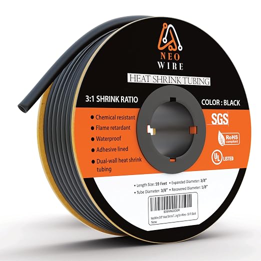 Heat Shrink Tubing 3/8" (9.5mm), 3:1 Ratio Shrink Tube Industrial and Marine Grade, Dual Wall Adhesive Lined Wire Shrink Wrap Tubing, 59 Feet Roll