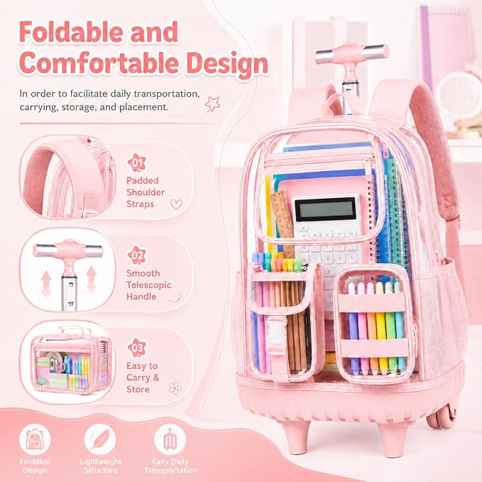 CCJPX 3Pcs Clear Rolling Backpack for Girls Women, Heavy Duty PVC Transparent Wheeled Bookbag, See Through School Bags with Wheels for Teens Elementary Travel - Pink