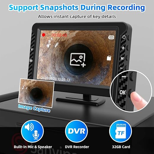 Sanyipace 18MM Sewer Camera, 66FT/20M Drain Inspection Camera with Microphone and Speaker, 1080P IP68 Waterproof Pipe Camera with 8 LEDs, Stiff Cable for Drain Duct Plumbing Inspection, 32GB Card