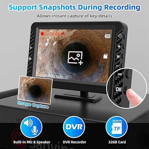 Sanyipace Sewer Camera 100FT/30M, 5" IPS HD Inspection Camera with 32GB TF Card, DVR with Speaker, 8 LED Lights, Waterproof Pipe Camera for Drain Pipe Plumbing Sewer Line Inspection