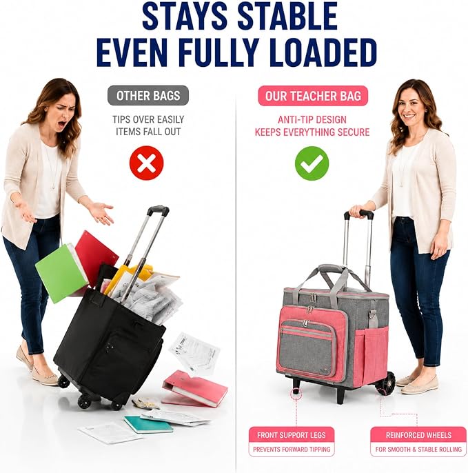 Upgraded Rolling Bag with Detachable Dolly, Heavy Duty Wheeled Teacher Bag, Multifunctional Rolling Briefcase for Work, Office, Craft Storage & Travel (Pink)