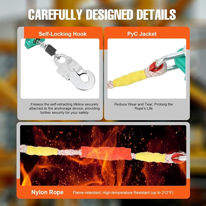 Self Retracting Lifeline 33ft 330lbs Fall Arrester Lanyard Protect Safety Harness Fall Protection with Alloy Steel Hook Steel Wire Rope(10m)