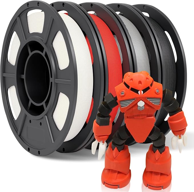 YOUSU PLA 4 * 250g 3D Printer Filament Bundle 1.75mm, Print with Most FDM 3D Printers, 1kg (2.2lbs), 4 Pack 250g Spool, Accuracy +/- 0.02mm，Black+White+Grey+Red