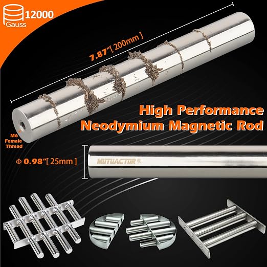MUTUACTOR Powerful Magnetic Filter Cylinder Bar,12000GS Neodymium Magnetic Filter Rod with M6 Screw Holes,7.87”x0.98” High-Performance Food Industry Grade Stainless Steel Magnetic Rod Separator