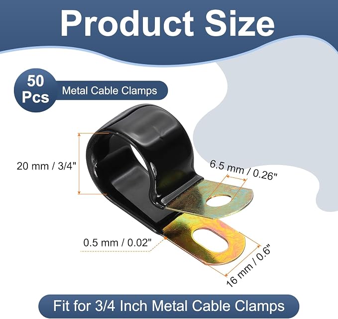 PATIKIL 3/4 Inch Vinyl Coated Cable Clamps, 50 Pack Galvanized Steel Metal Cable Clips Rubber Cushion Insulated Pipe Clamps for Tube Lines Cord Wire Management, Black