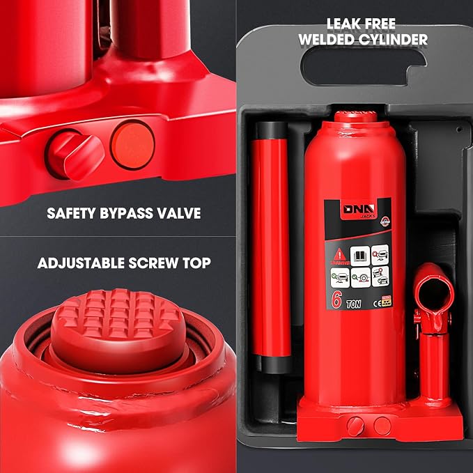 DNA Motoring 6 tons / 13228 lbs Lifting Automotive Welded Hydraulic Bottle Jack for Repair Vehicle, Pickup, Truck, w/Manual Handle, Red,TOOLS-00355
