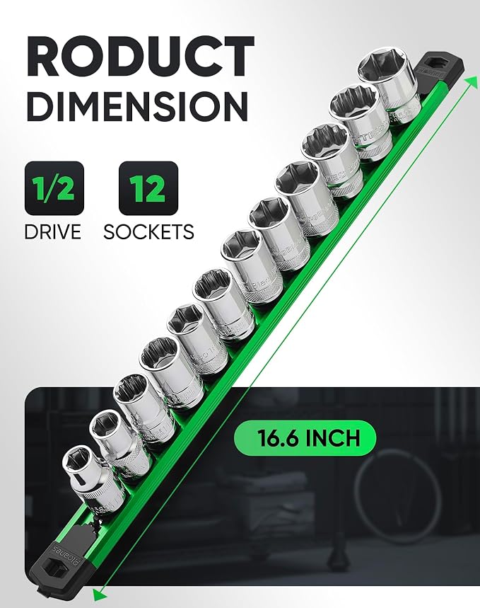 ALOANES Magnetic Socket Organizer Set, 1/2-Inch Drive Heavy Duty Aluminum Socket Rail Organizer, 360° Swivel Clips Socket Holder Kit for Toolbox Drawer Fit 1/2-Inch x 12 Clips (Green, 1PC)