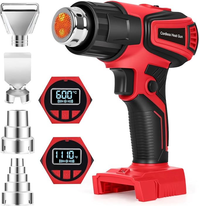 Cordless Heat Gun Compatible with Milwaukee m18 Battery,Adjustable Temp 120℉–1110℉,LED Light,LCD Digital Display,Portable Hot Air Gun 4 Nozzles For Shrink Tubing DIY (Tool Only, Not Made by Milwaukee)