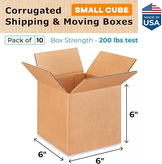 Small Cube Moving & Shipping Boxes 6x6x6 inches (10-Pack) - Extra Strength 200 lb vs Regular - USA-Made Corrugated Moving Boxes - Box for Packaging Moving Supplies - Packaging Box by IDL Packaging