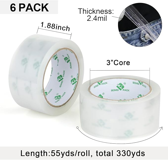 BOMEI PACK No Noise Silent Packing Tape 6 Rolls 1.88" x 55 Yards, Industrial Heavy Duty Packaging Tape for Packing Shipping Moving and Storage