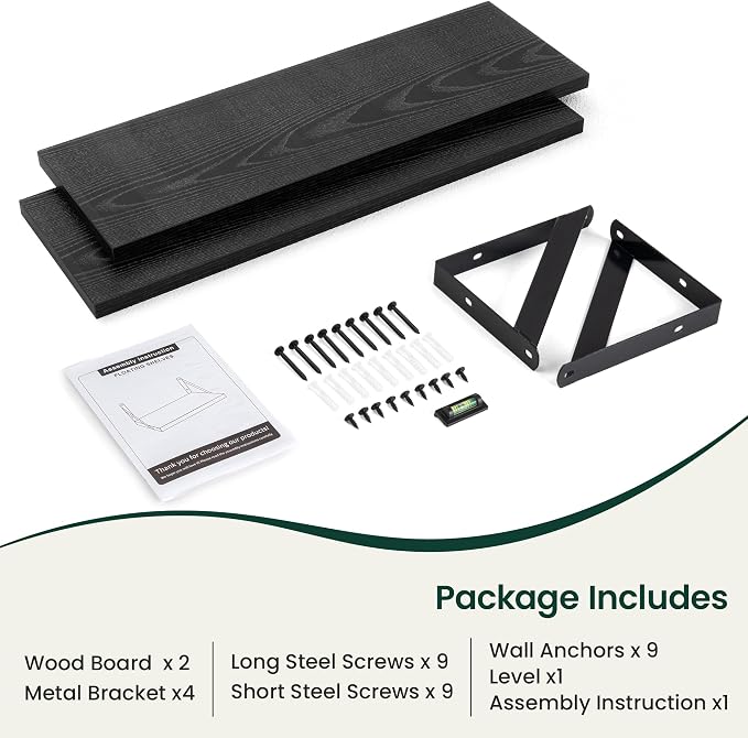 Floating Shelves 8 Inch Deep, 24W x 8D Wall Shelf Set of 2, 50 lbs Heavy Duty Reversible Metal Brackets, Industrial Book Shelf for Living Room Kitchen Bathroom Bedroom Gallery Wall, Black