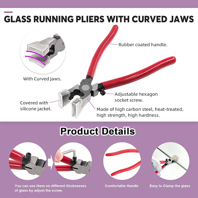 Swpeet 10Pcs Glass Cutter Tools Kit, Mosaic Wheeled Glass Tile Nippers, Glass Running Pliers, Breaker Grozer Pliers, Tungsten Carbide Tip Scriber, Grip Oil Feed Glass Cutter, Gloves, Zipper Bag