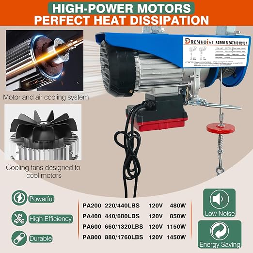 Electric Hoist with Remote Control,440lbs Lift Electric Hoist 110 Volt Wireless/Wired 2 in 1,Electric Hoist Winch with 33/66FT Lifting Height,Factories,Garage,Construction Site,Warehouses