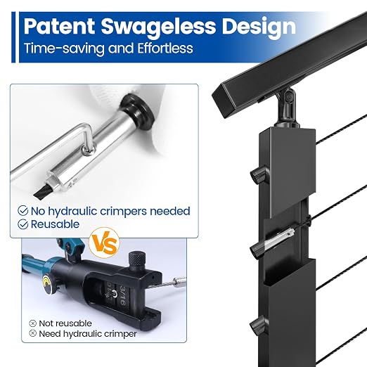 [Patent] Muzata 10 Pack 1/8" Black Swageless Invisible Cable Railing Kit Hardware Swageless Fittings Tensioner Hidden for 2"x2" Metal Post T316 Stainless Steel Deck Cable Railing System CB04