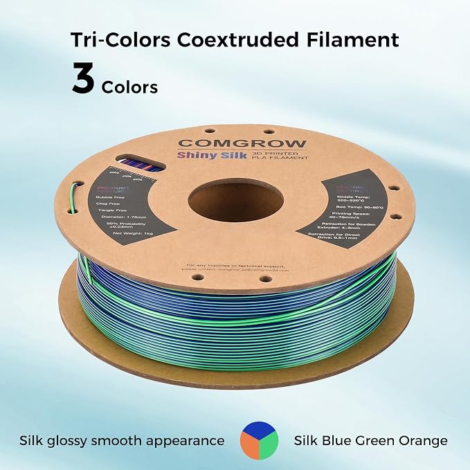 Comgrow Tri-Colors Silk PLA 3D Printer Filament, Rainbow PLA Filament 1.75mm, Dimensional Accuracy +/- 0.02 mm, 1KG Spool, Coextrusion 3D Filament with Shiny Silk Blue-Green-Orange