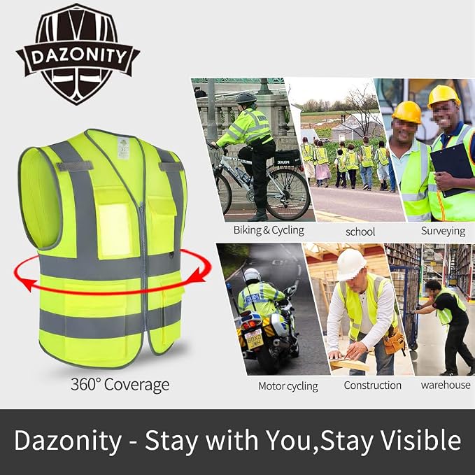 Dazonity Safety Vest with Pockets & Zipper, 10 Pcs,Reflective, for Construction(Blue-XL)